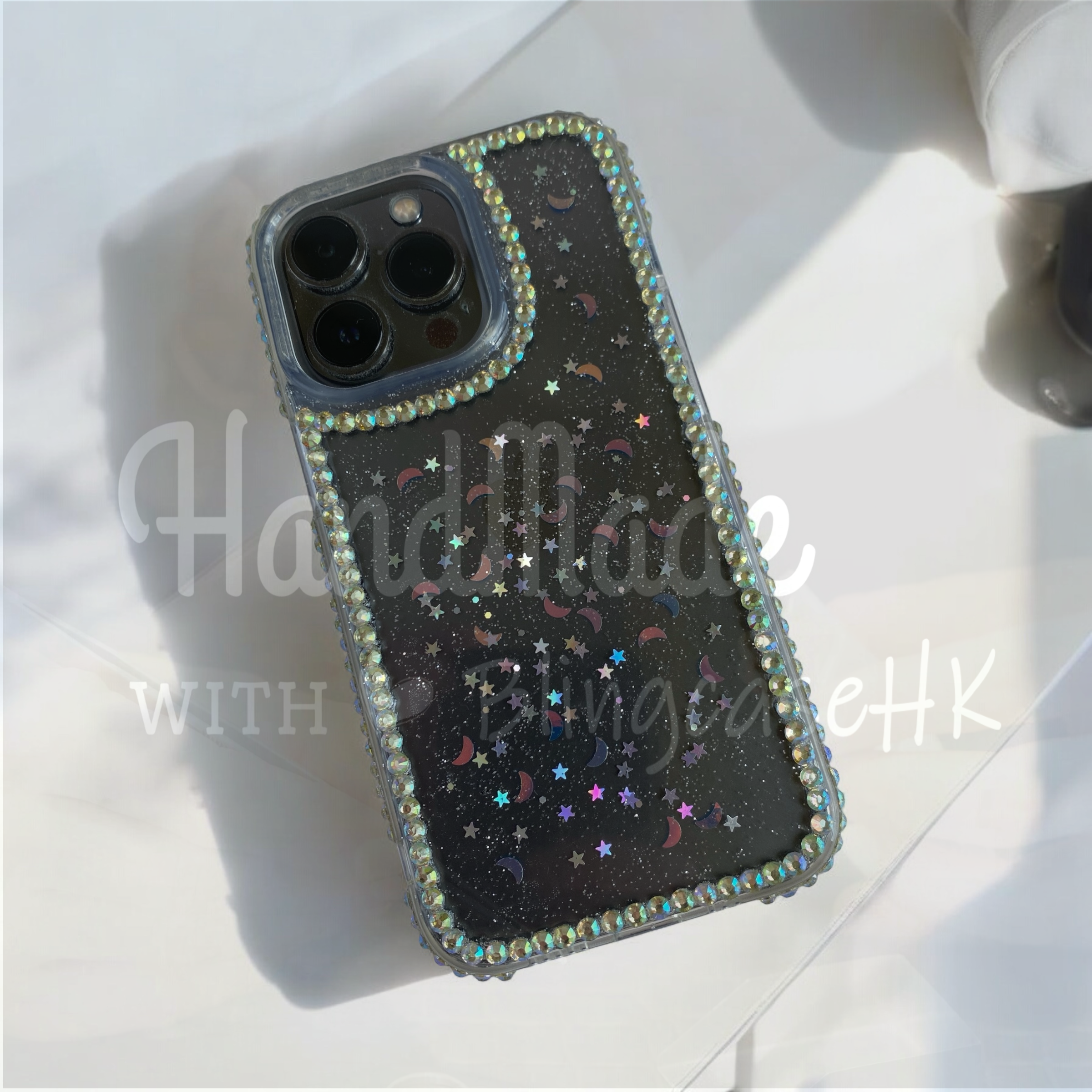 純手工製作 │ 滴膠閃粉 邊框貼滿水鑽 iPhone / Samsung Galaxy 三星 透明手機殼