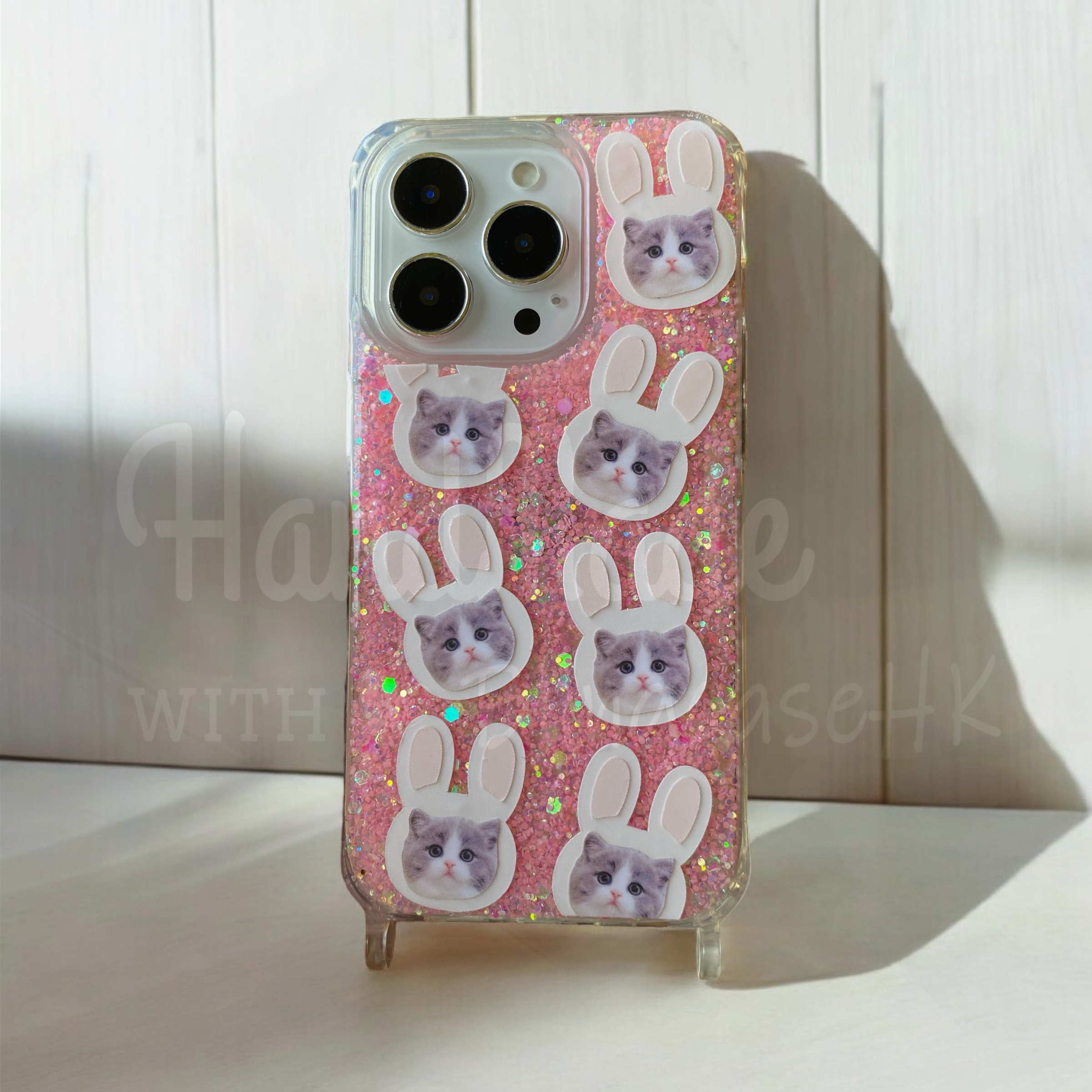 來圖寵物訂製 │ 兔仔耳 花花編織掛繩 手工滴膠 粉紅色閃粉 iPhone 防摔手機殼