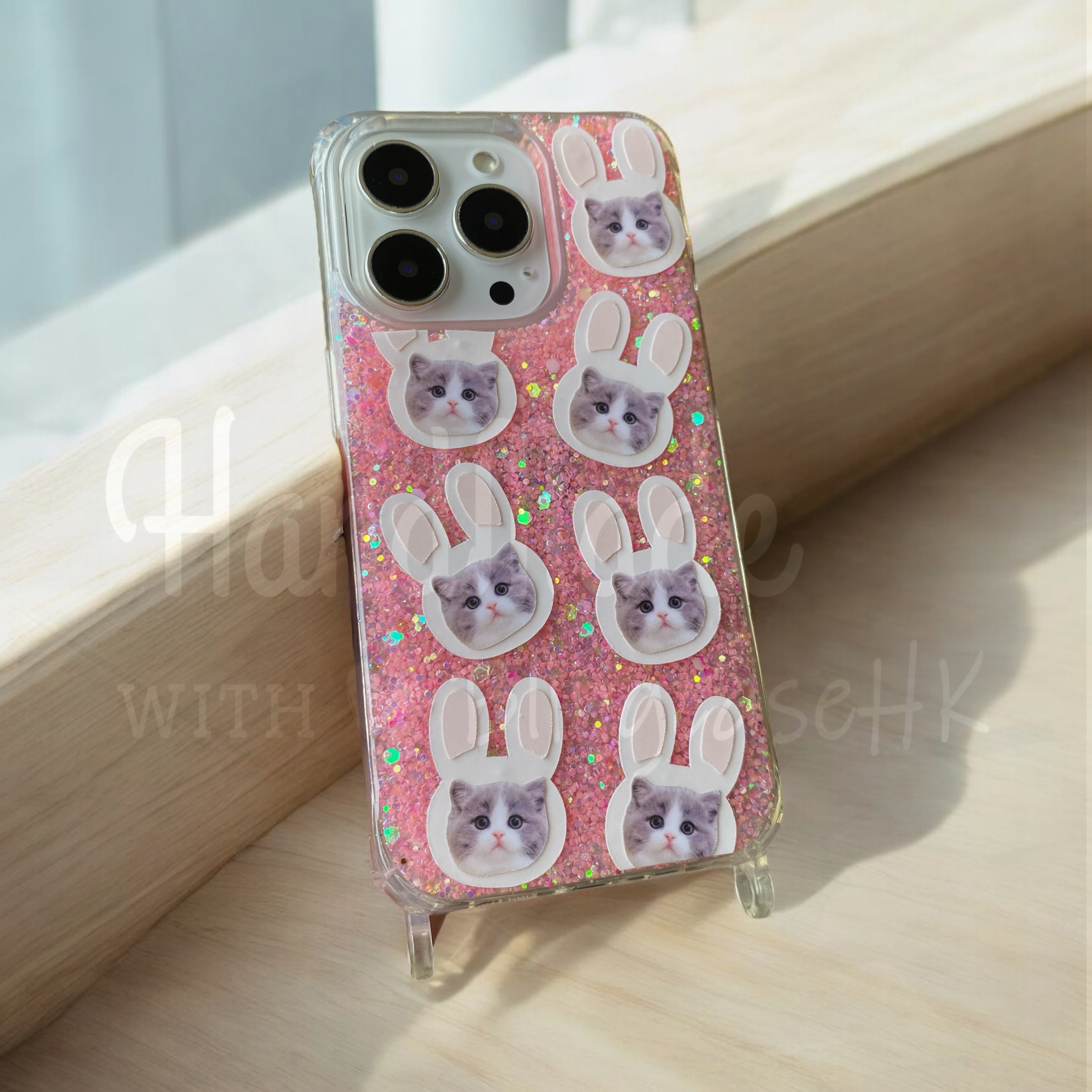 來圖寵物訂製 │ 兔仔耳 花花編織掛繩 手工滴膠 粉紅色閃粉 Samsung Galaxy 三星 防摔手機殼