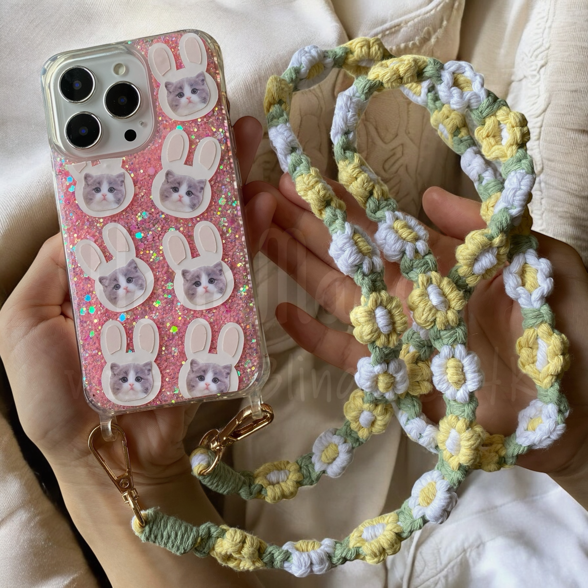 來圖寵物訂製 │ 兔仔耳 花花編織掛繩 手工滴膠 粉紅色閃粉 Samsung Galaxy 三星 防摔手機殼