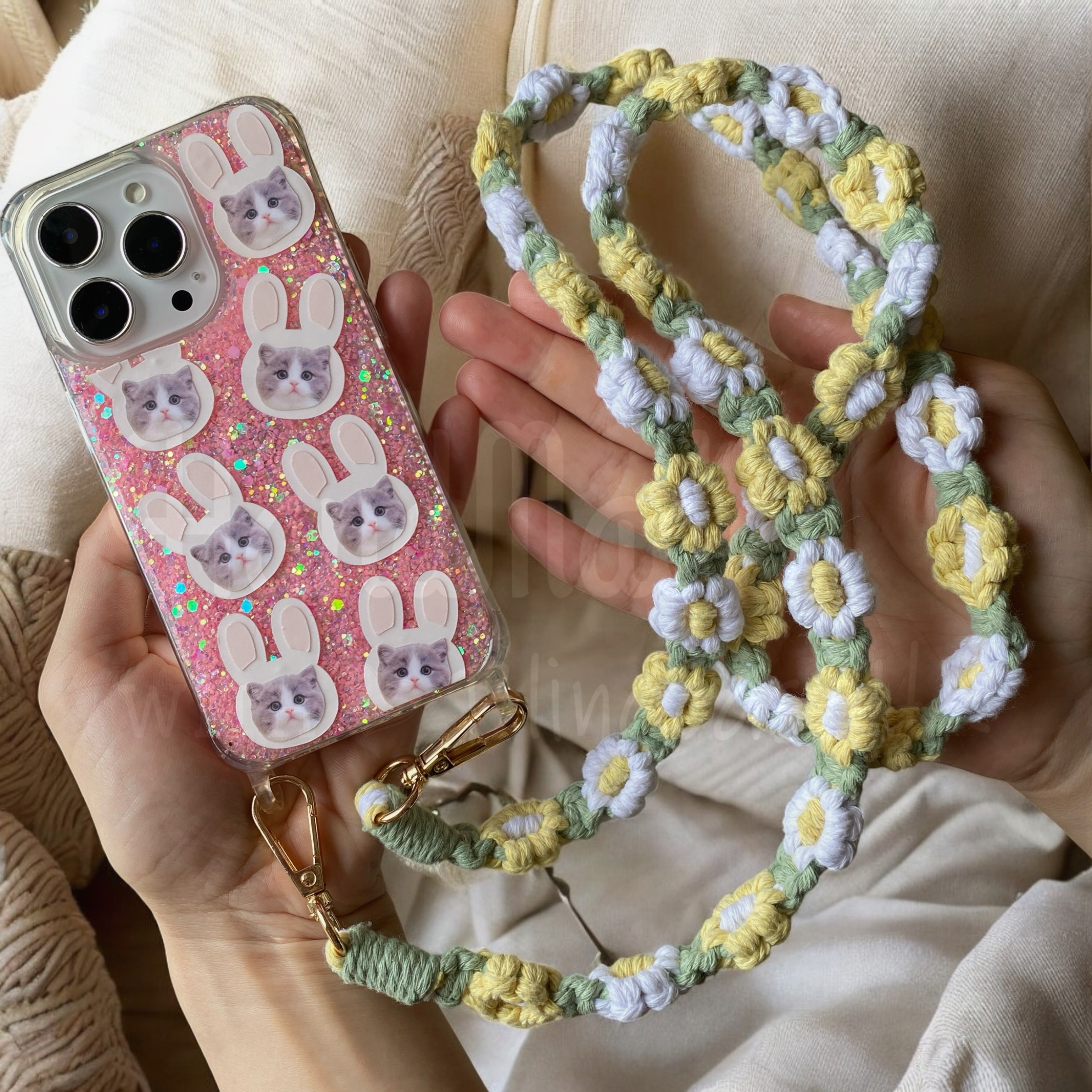 來圖寵物訂製 │ 兔仔耳 花花編織掛繩 手工滴膠 粉紅色閃粉 iPhone 防摔手機殼