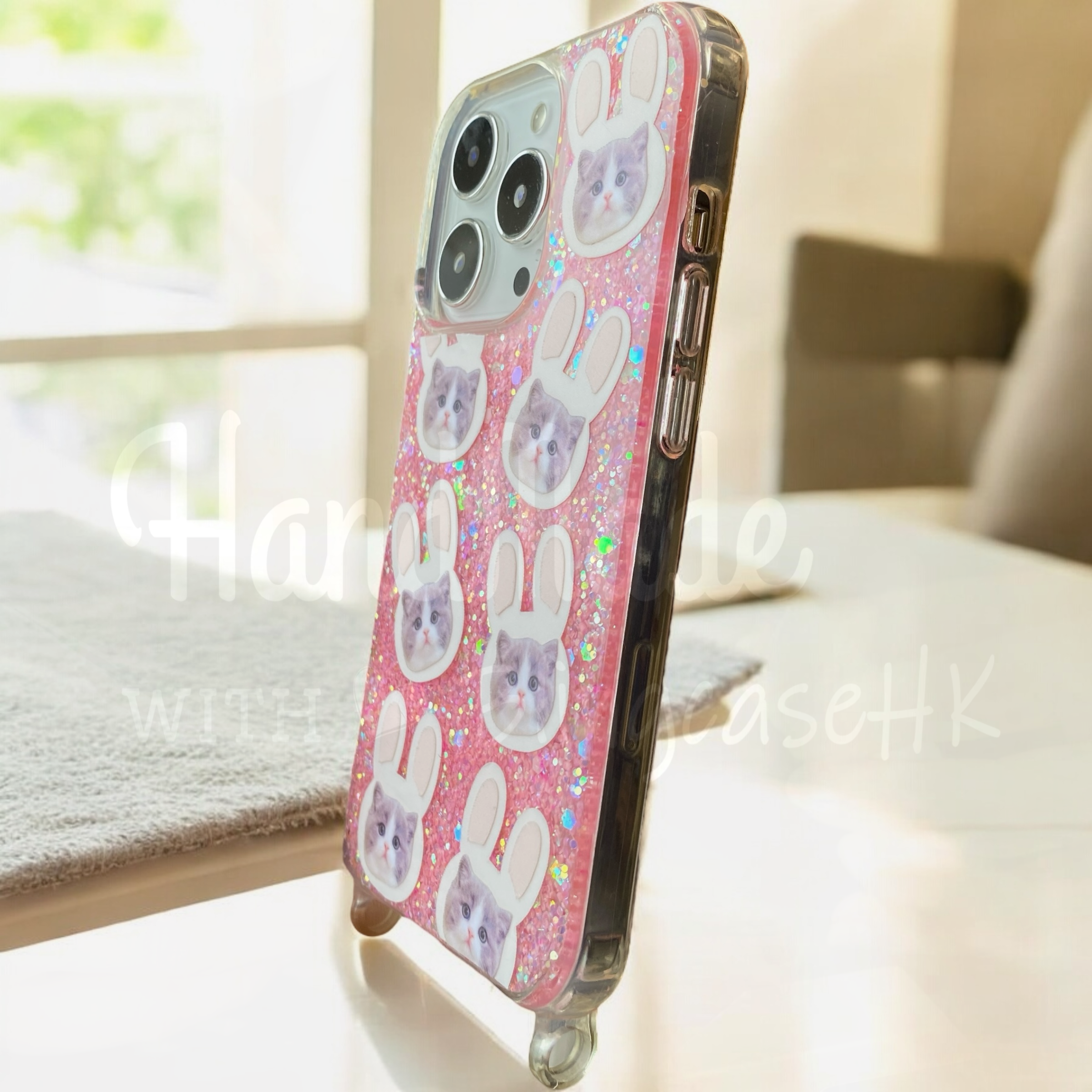 來圖寵物訂製 │ 兔仔耳 花花編織掛繩 手工滴膠 粉紅色閃粉 iPhone 防摔手機殼