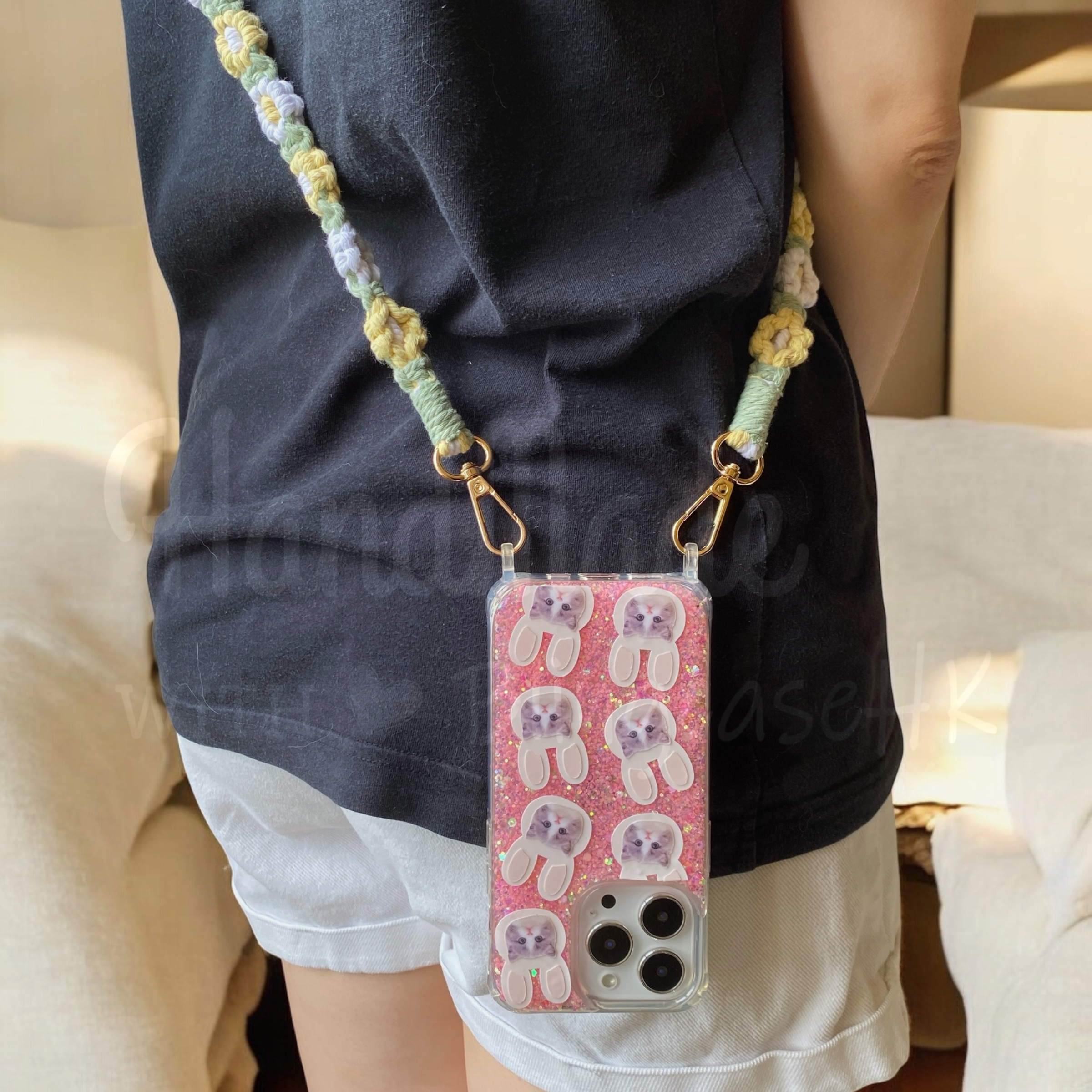 來圖寵物訂製 │ 兔仔耳 花花編織掛繩 手工滴膠 粉紅色閃粉 iPhone 防摔手機殼