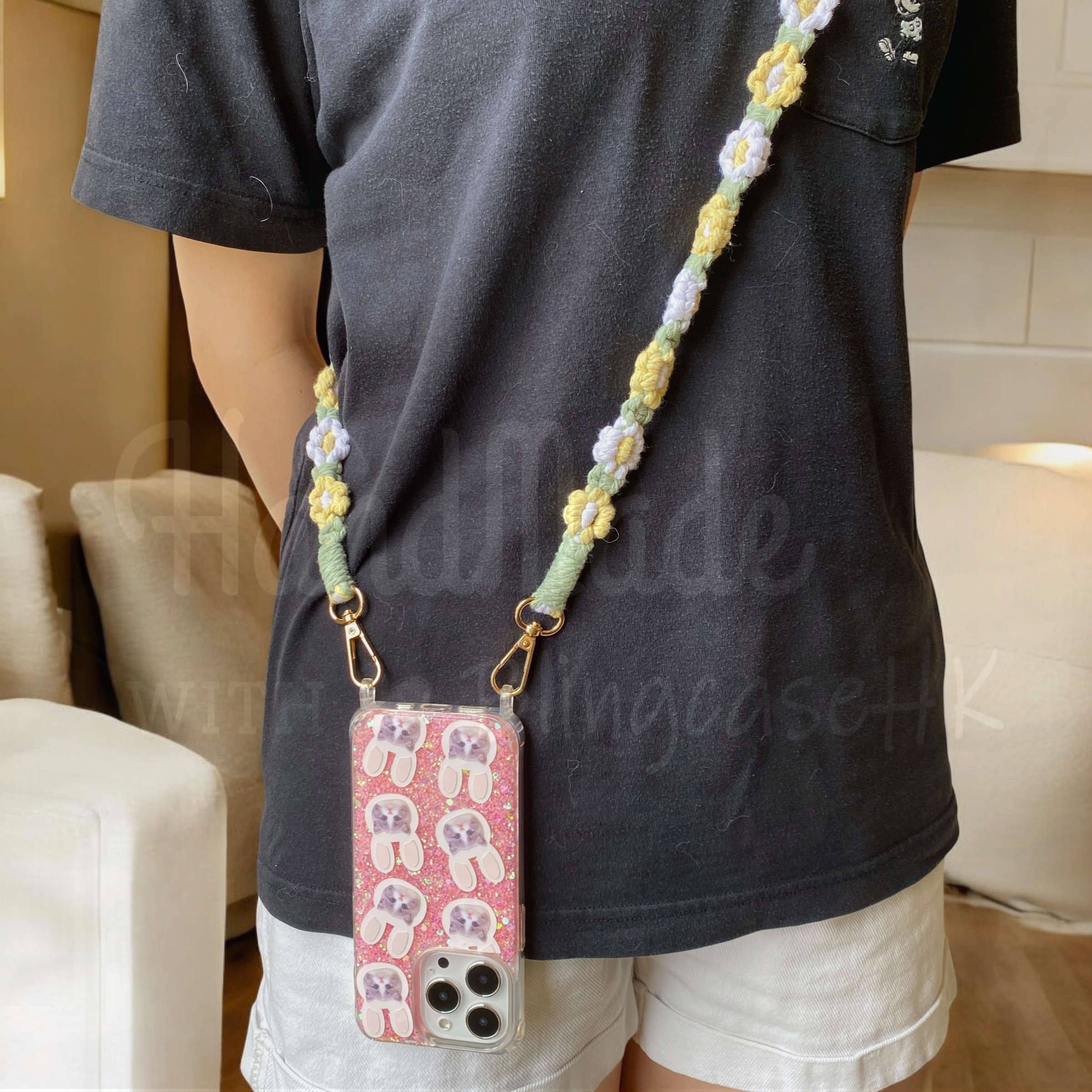來圖寵物訂製 │ 兔仔耳 花花編織掛繩 手工滴膠 粉紅色閃粉 iPhone 防摔手機殼