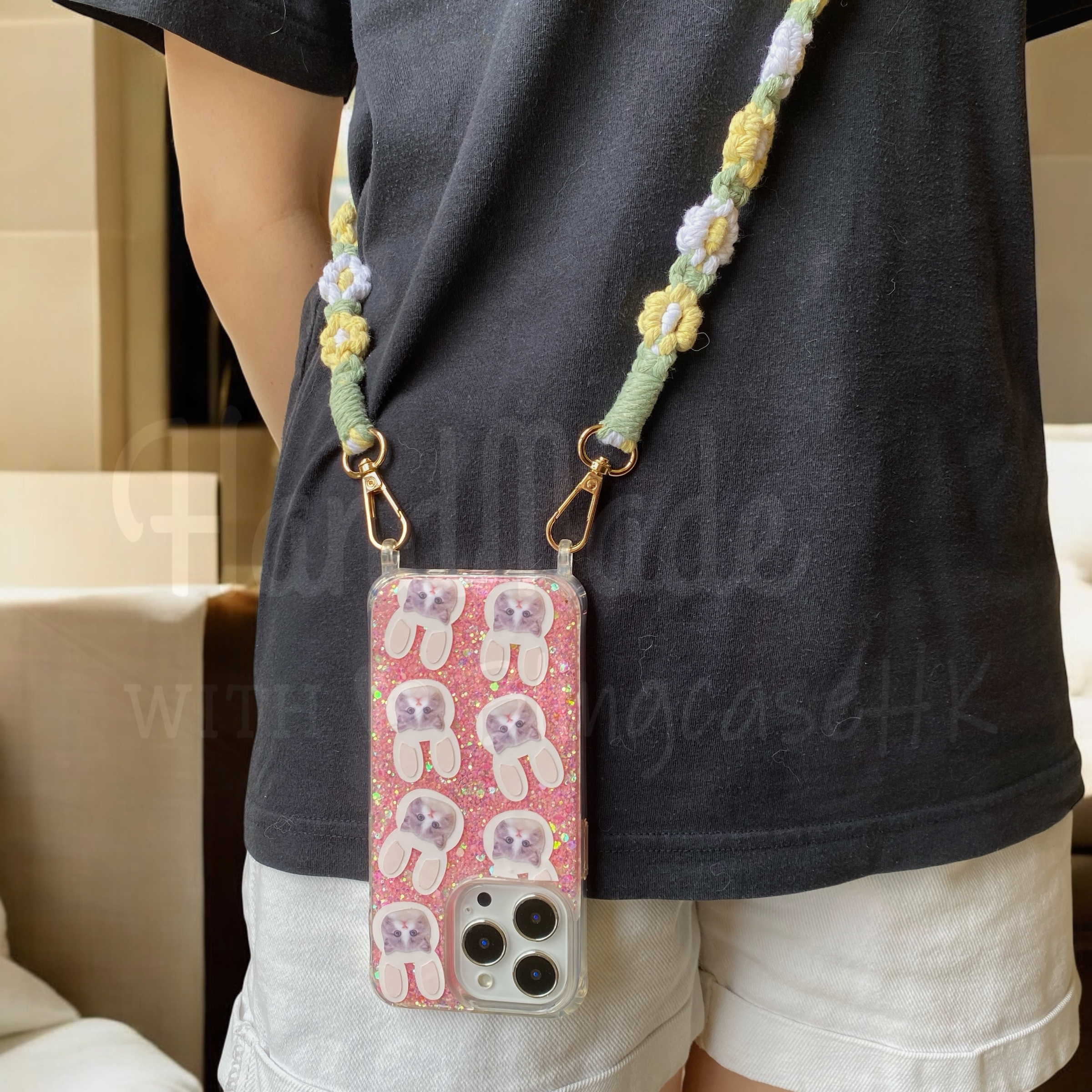 來圖寵物訂製 │ 兔仔耳 花花編織掛繩 手工滴膠 粉紅色閃粉 iPhone 防摔手機殼