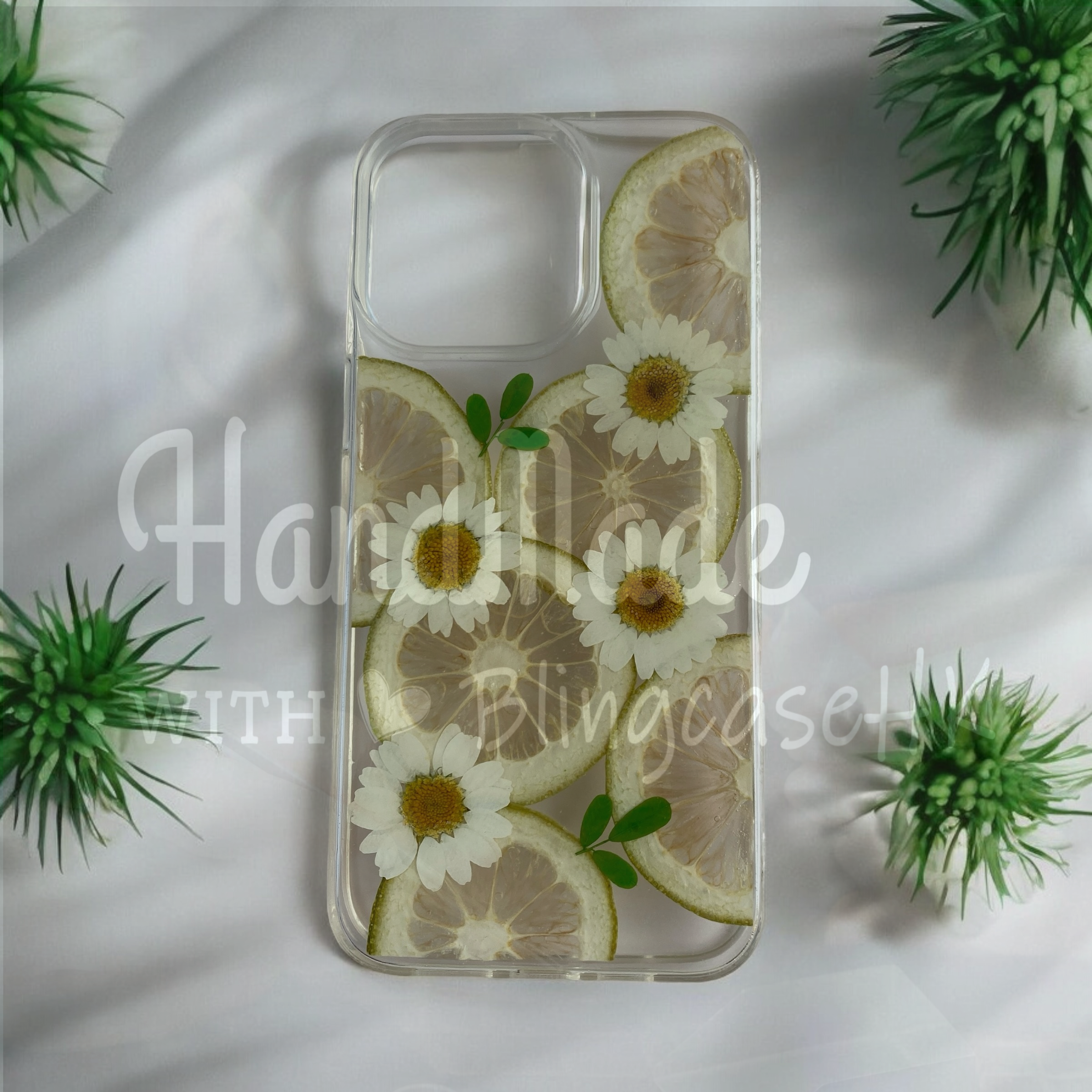 客製化手工製作 │ 天然不凋花 白色晶菊 鮮嫩水果青檸 乾花永生花真花 滴膠樹脂 iPhone 手機殼