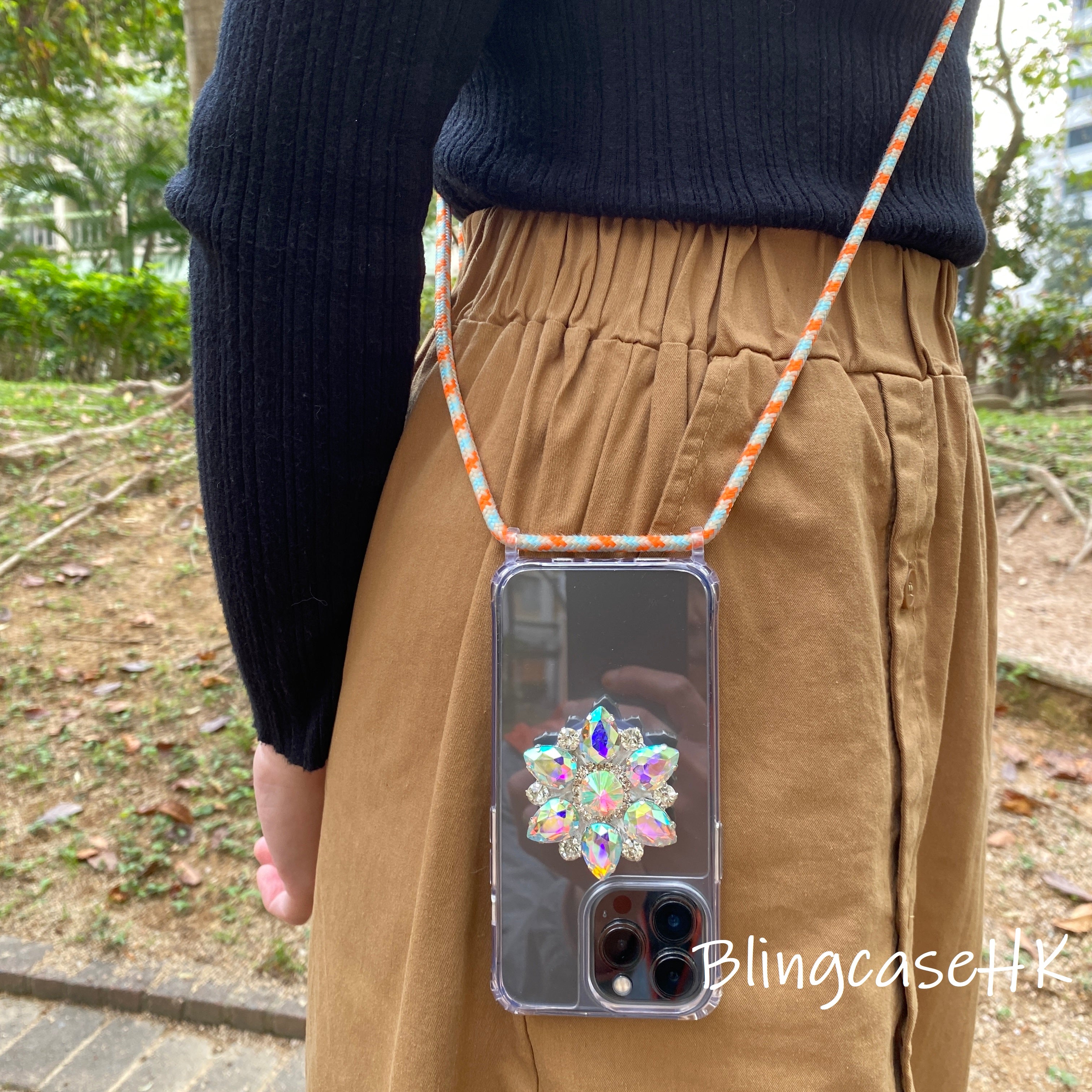 Handmade│ Adjustable cross-body strap lanyard crystal holder (16 lanyard color options) iPhone / Samsung transparent anti-fall phone case 