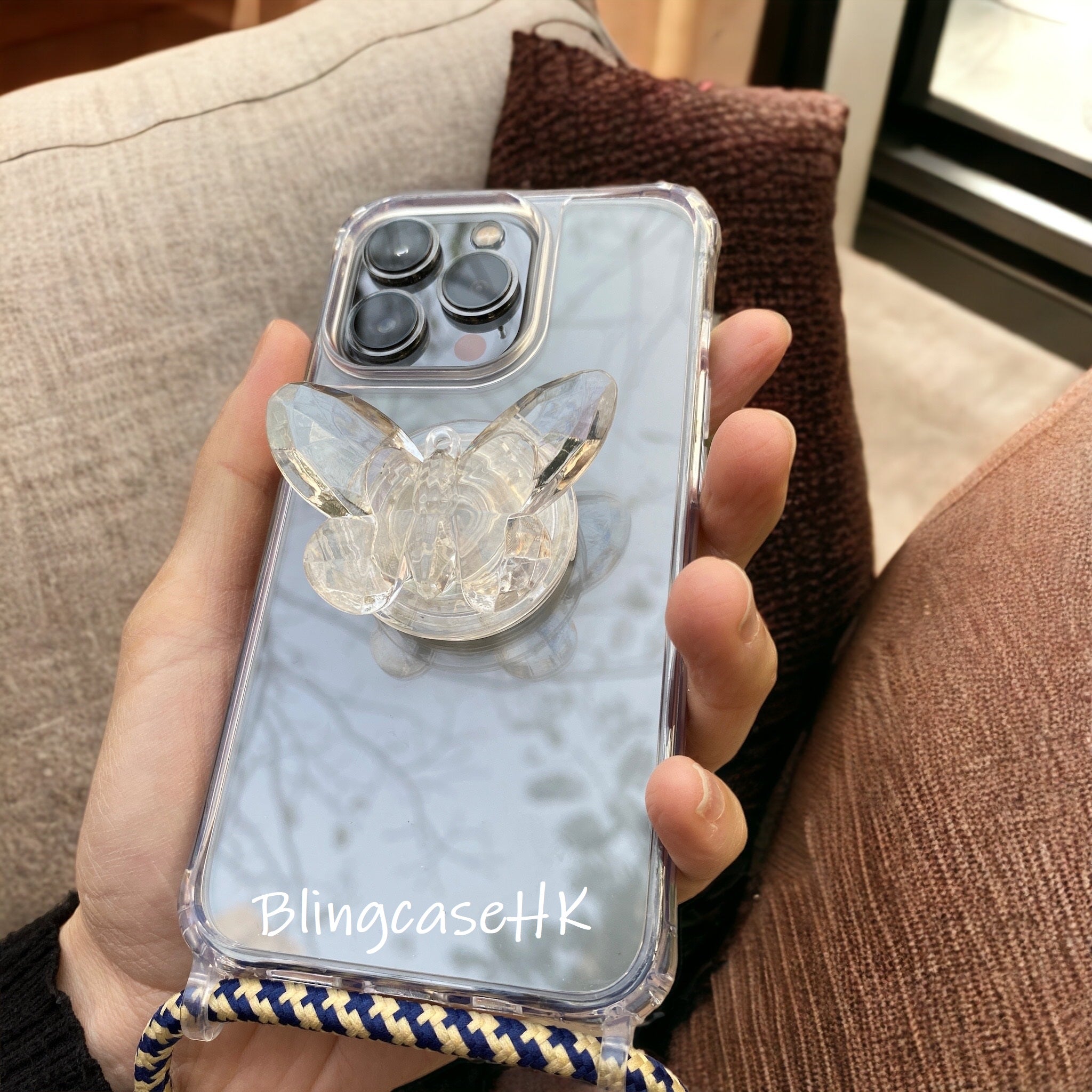 手工制作 │斜孭背帶 蝴蝶支架 (16種掛繩顏色選擇) iPhone / Samsung 透明手機殼
