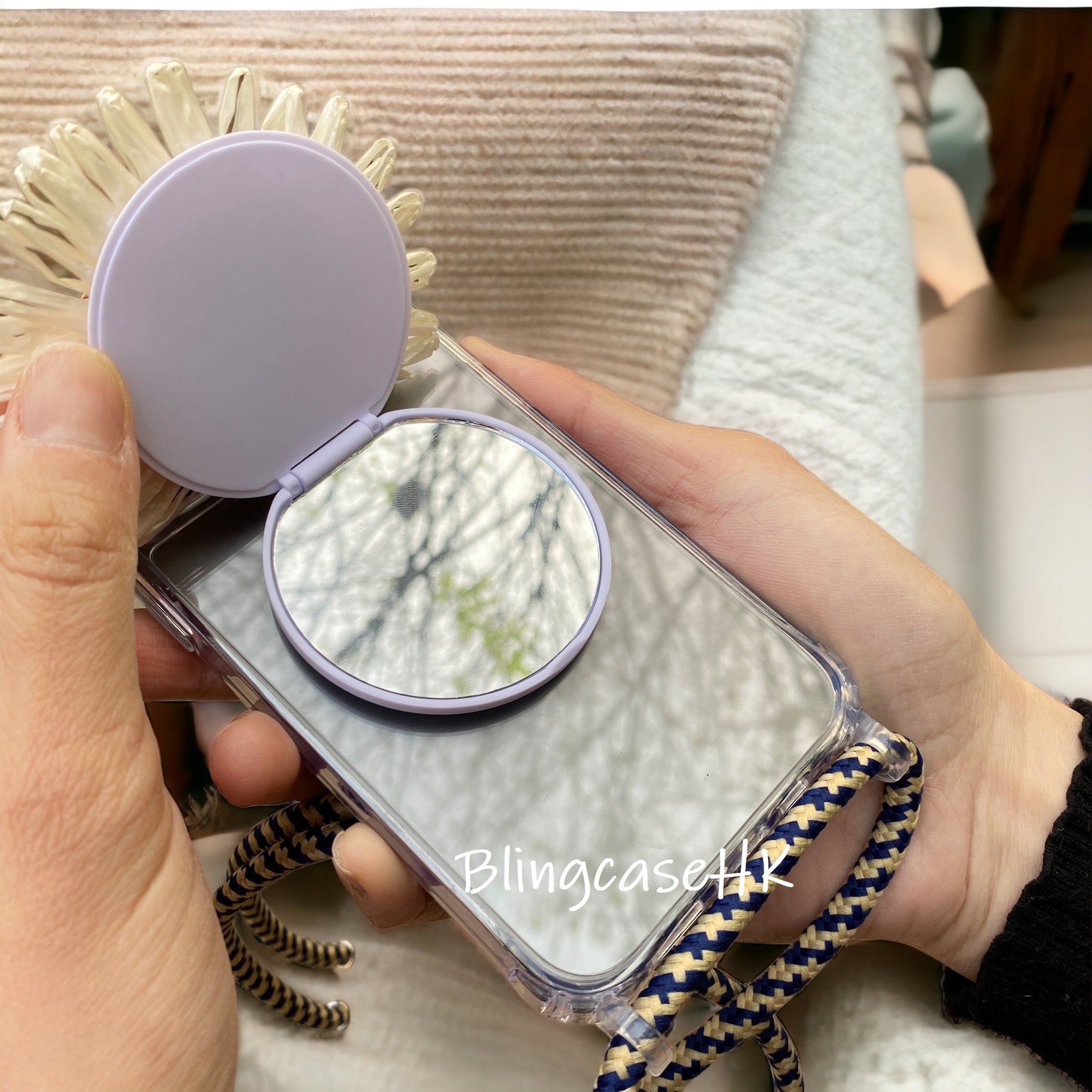 手工制作 │斜孭背帶 花朶鏡子 (16種掛繩顏色選擇) iPhone / Samsung 透明手機殼