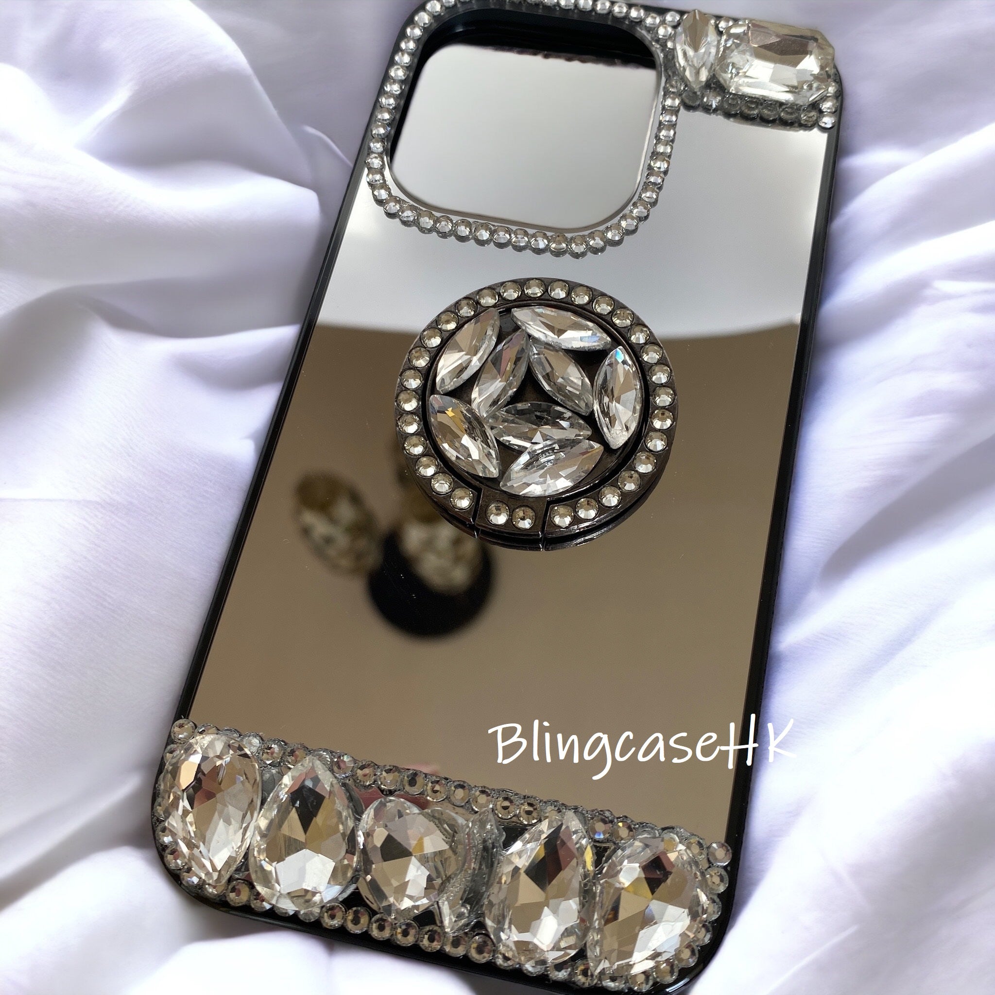 Purely handmade│Ring ring stand crystal rhinestone iPhone mirror phone case 