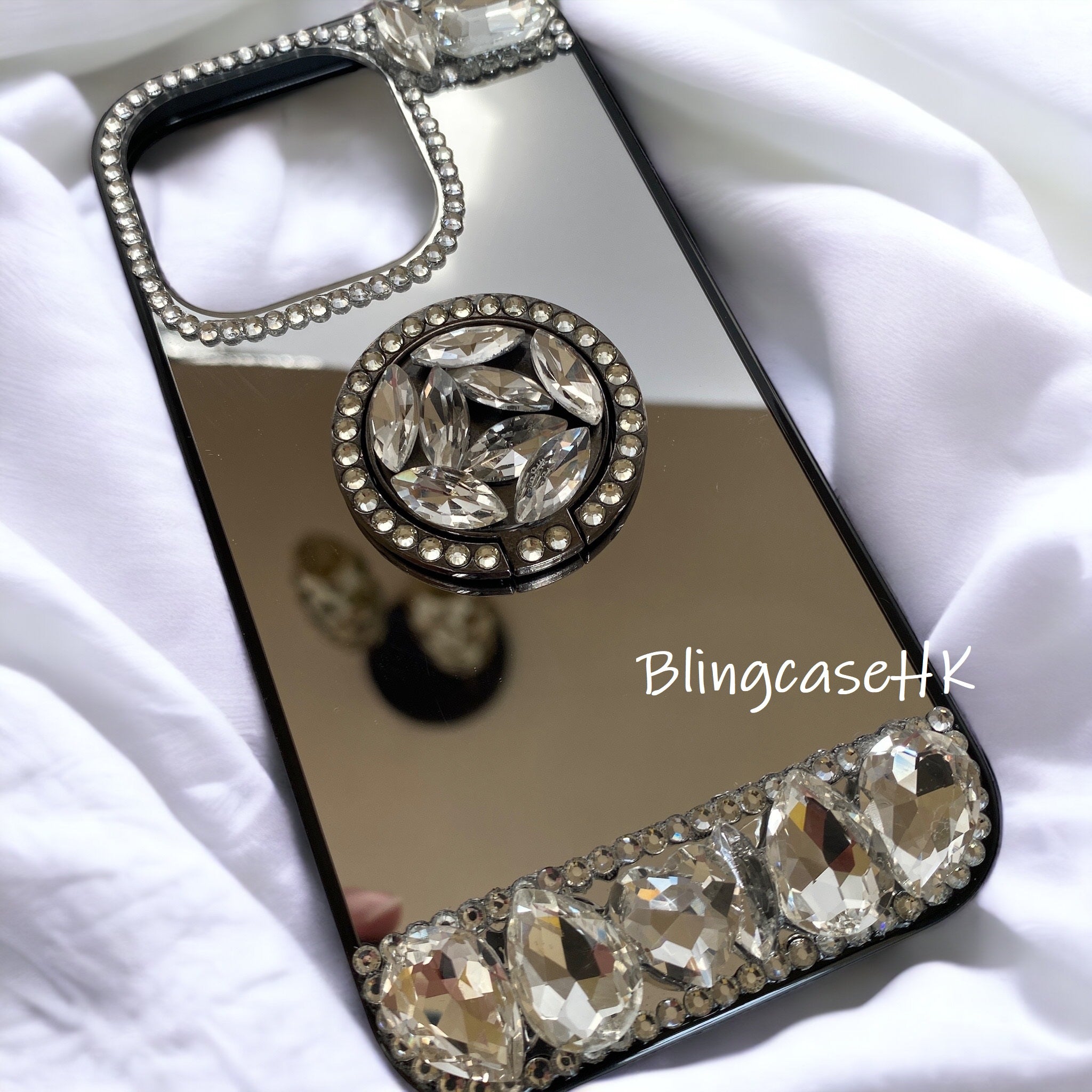 Purely handmade│Ring ring stand crystal rhinestone iPhone mirror phone case 