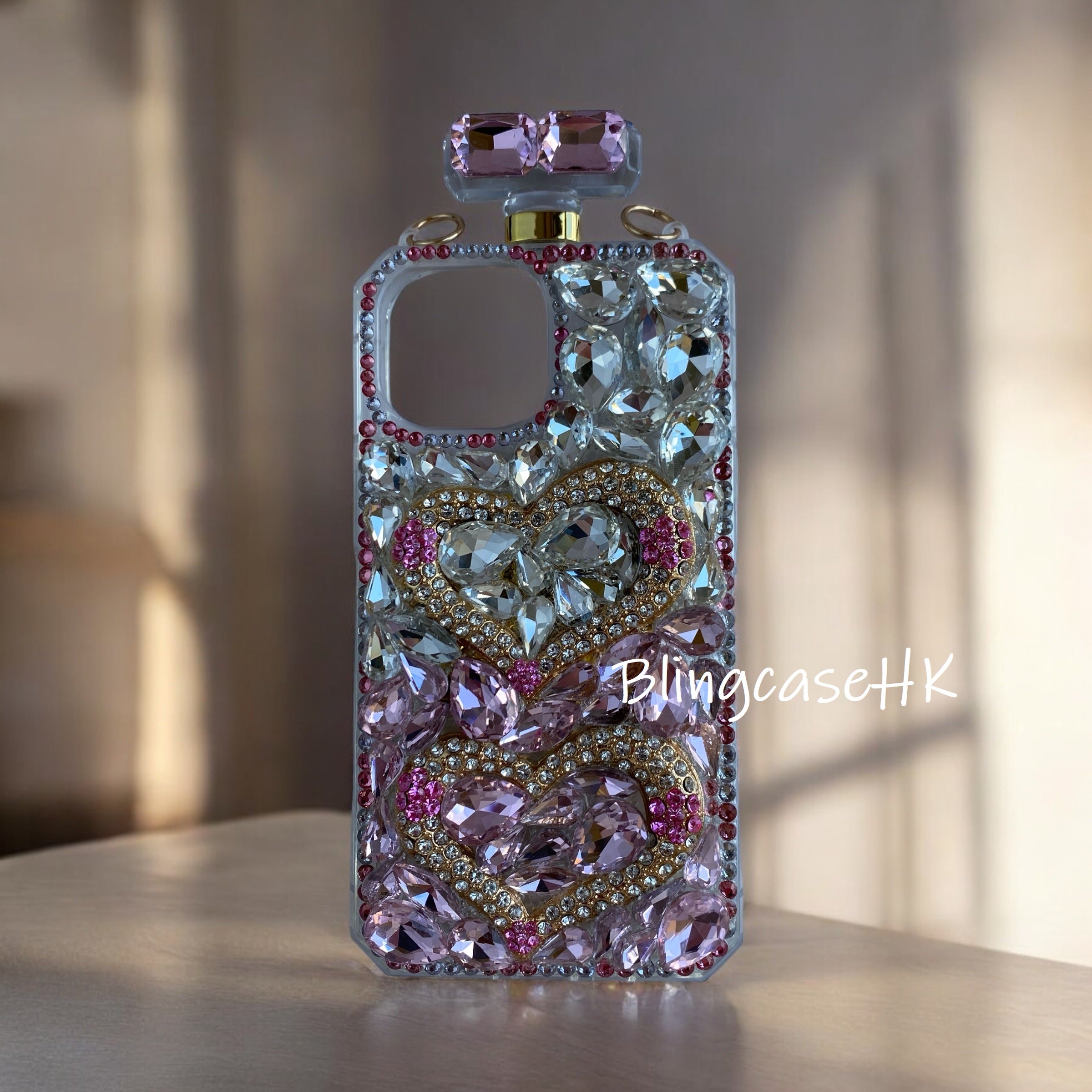 Purely handmade goddess must-have│slant strap perfume bottle heart-shaped rhinestone crystal iPhone / Samsung mobile phone case 