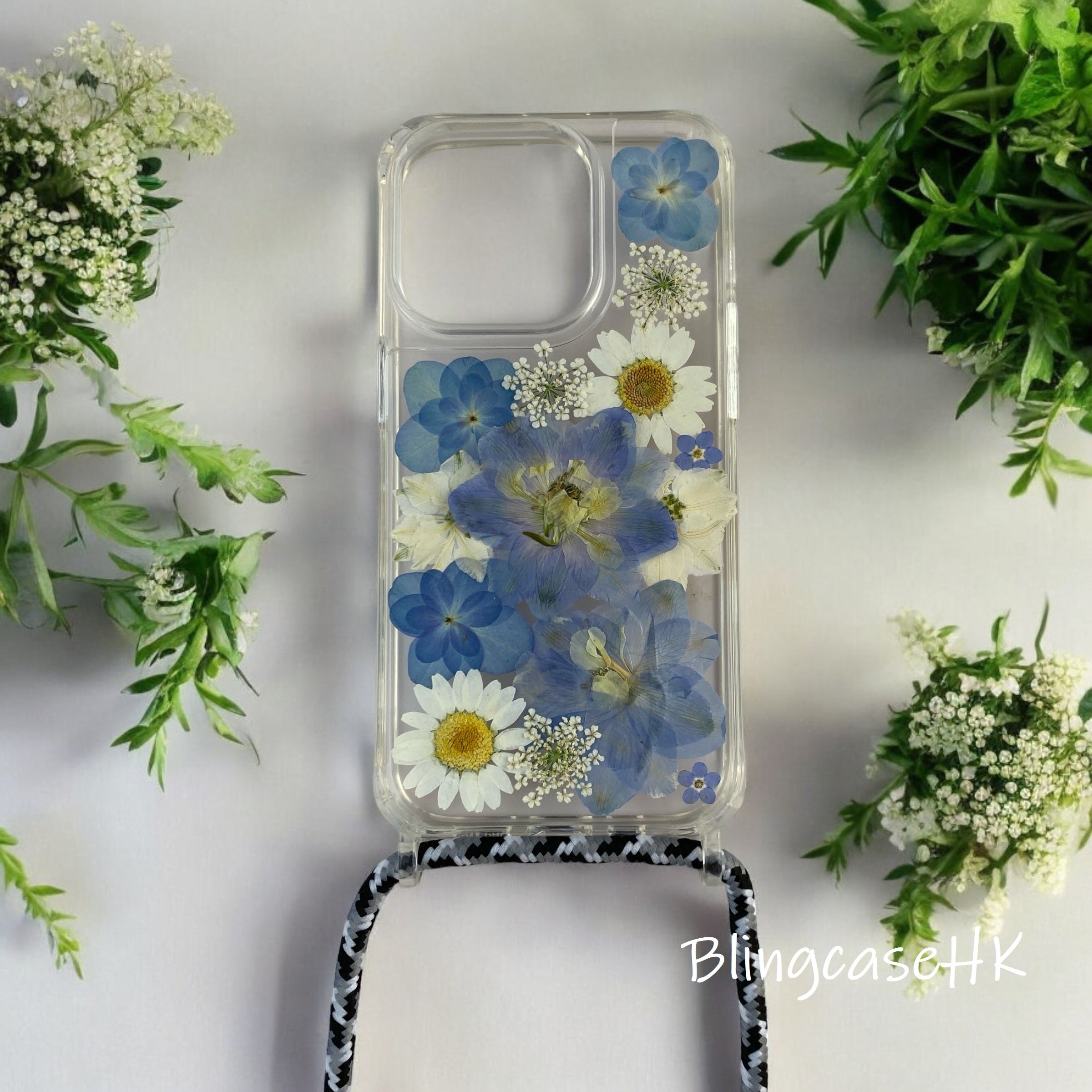 Handmade │ Dried flower preserved flower adjustable cross-body strap lanyard (16 lanyard color options) iPhone / Samsung transparent anti-fall phone case 