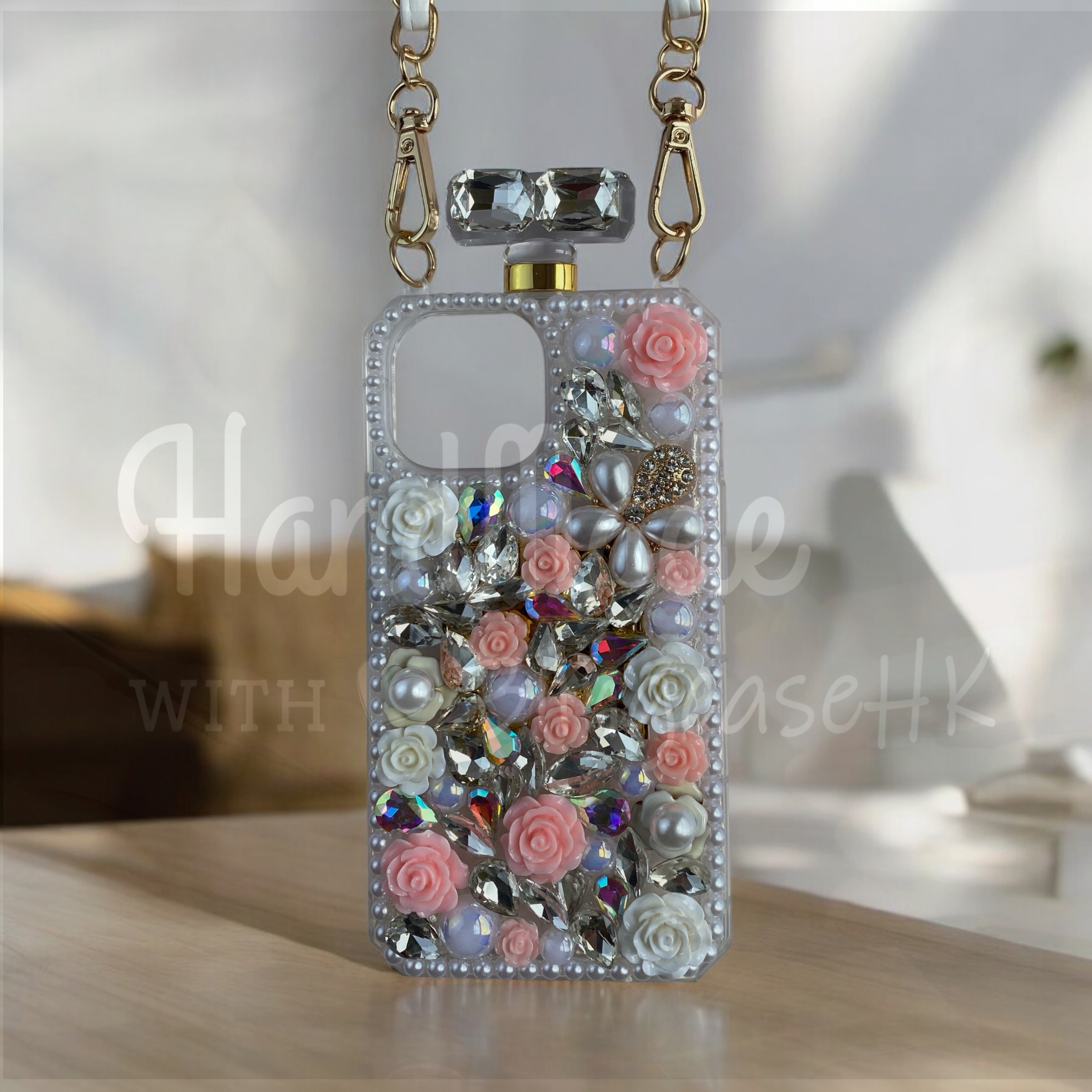 Purely handmade │ Diagonal shoulder strap perfume bottle rhinestone flower iPhone / Samsung mobile phone case 