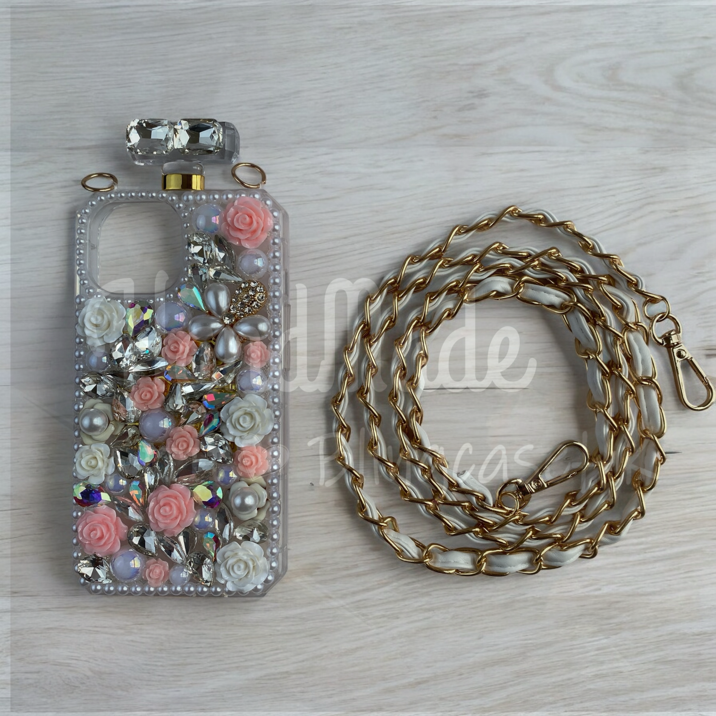 Purely handmade │ Diagonal shoulder strap perfume bottle rhinestone flower iPhone / Samsung mobile phone case 