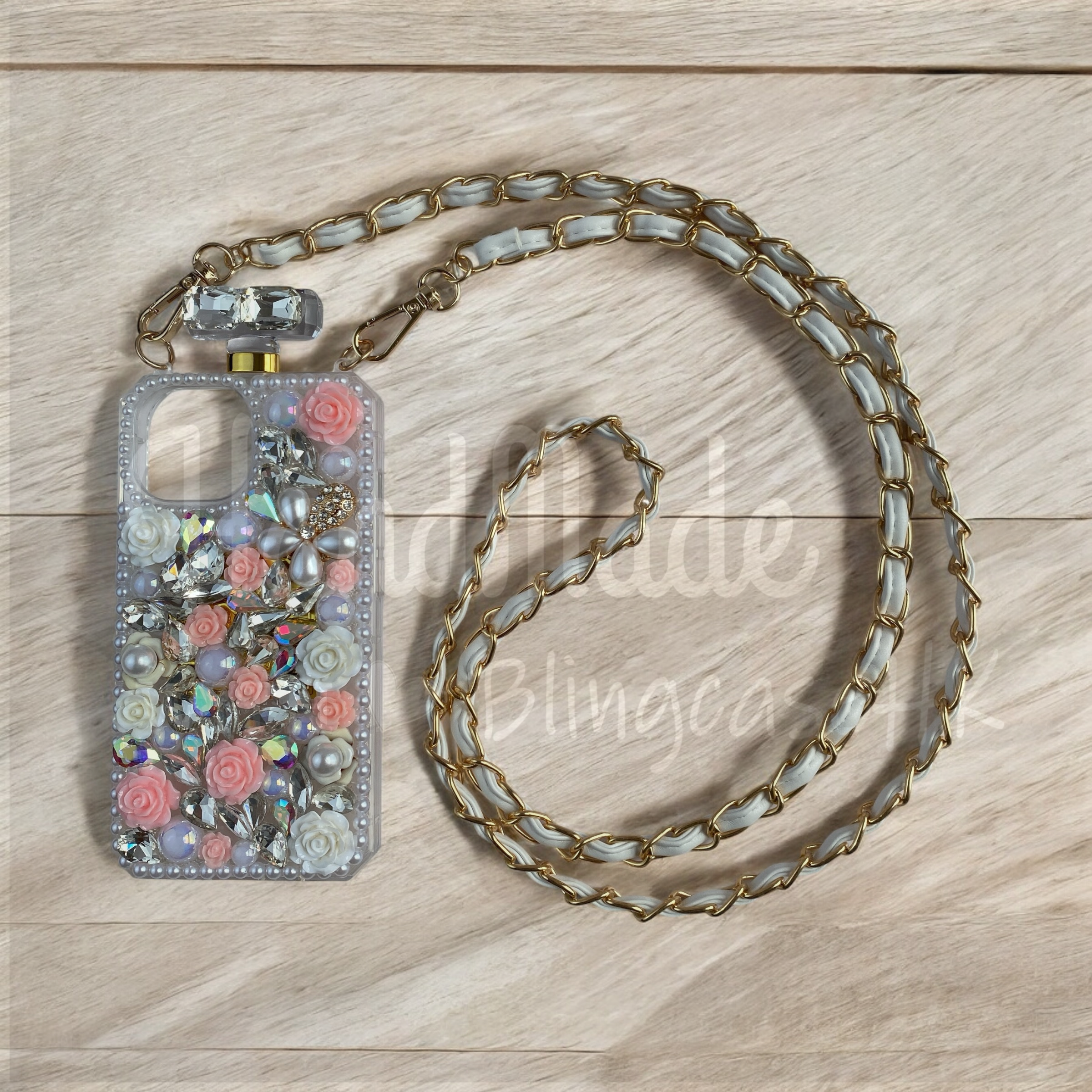 Purely handmade │ Diagonal shoulder strap perfume bottle rhinestone flower iPhone / Samsung mobile phone case 