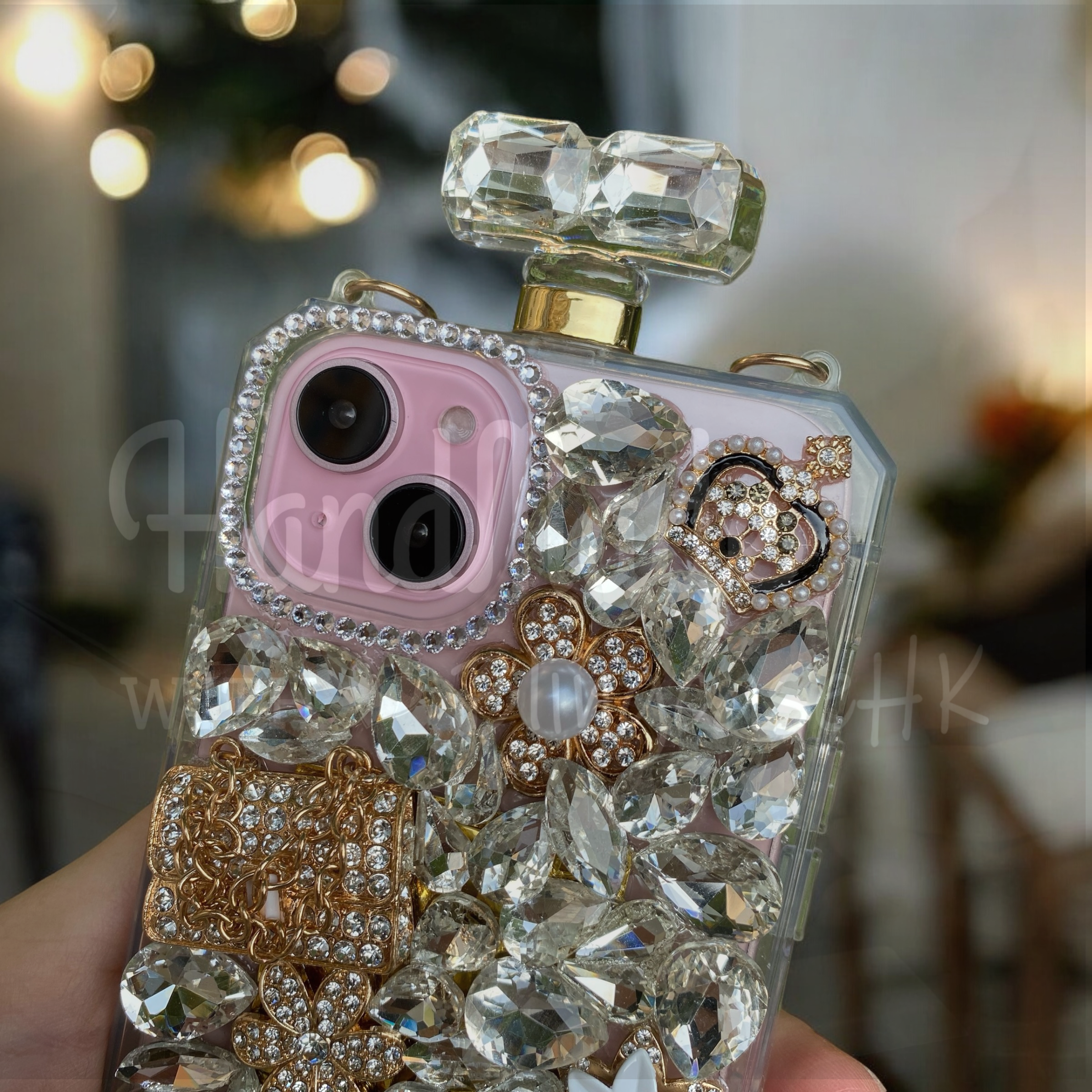 Purely handmade goddess must-have│slant strap perfume bottle heart-shaped rhinestone crystal iPhone / Samsung mobile phone case 