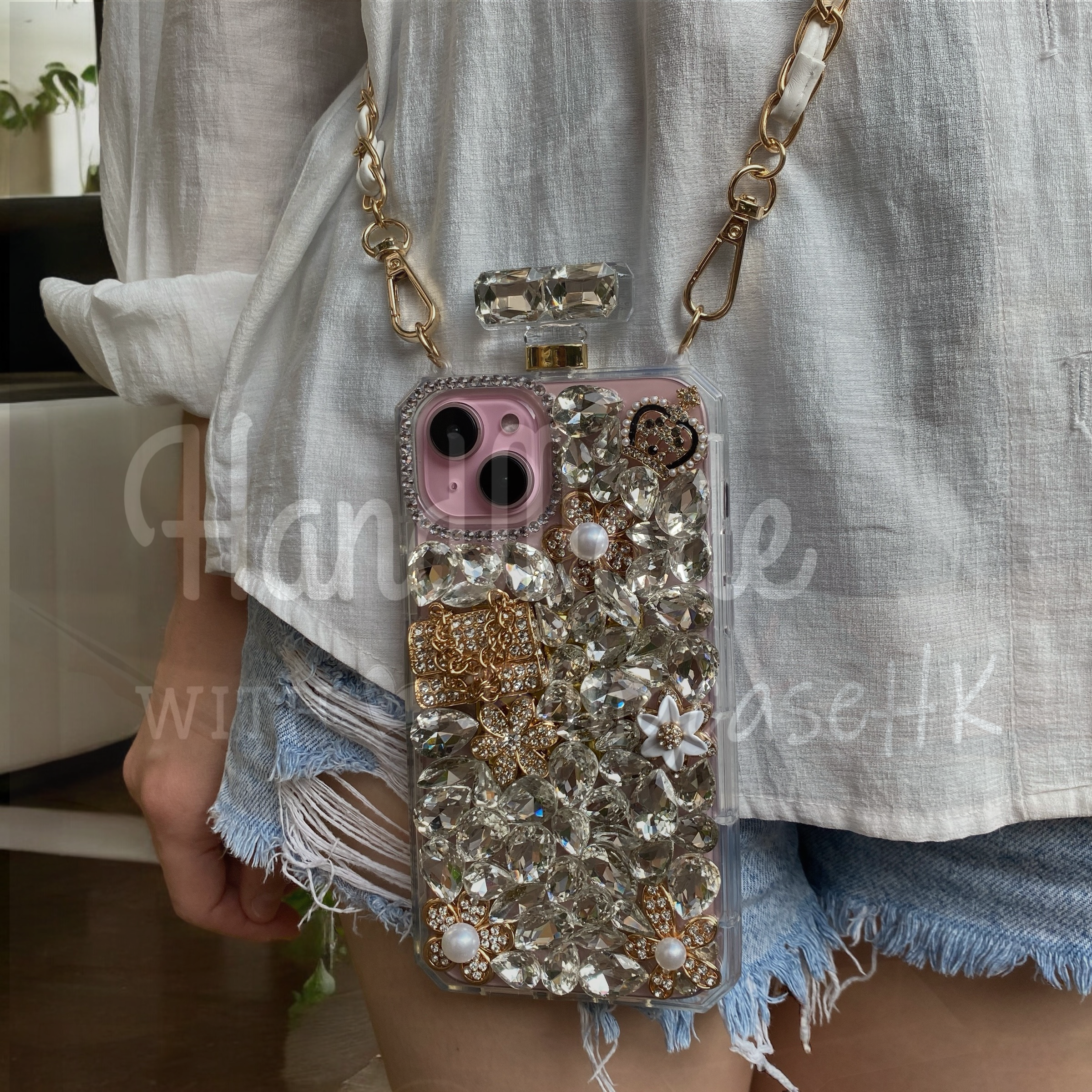 Purely handmade goddess must-have│slant strap perfume bottle heart-shaped rhinestone crystal iPhone / Samsung mobile phone case 