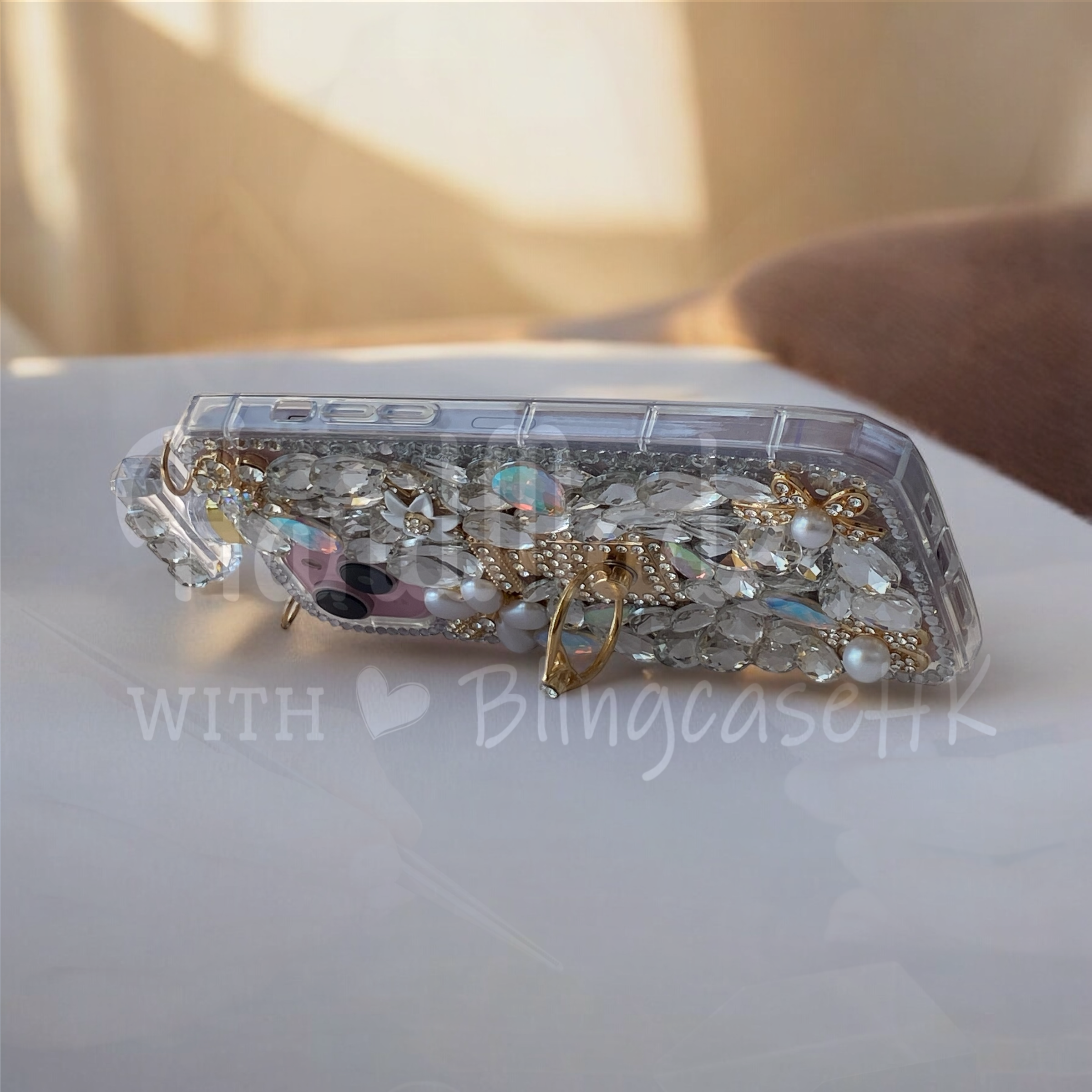 金屬斜背掛繩 │ 手工訂造貼鑽 戒指環支架 光澤銀色水晶 iPhone / Samsung Galaxy 三星 香水瓶手機殼