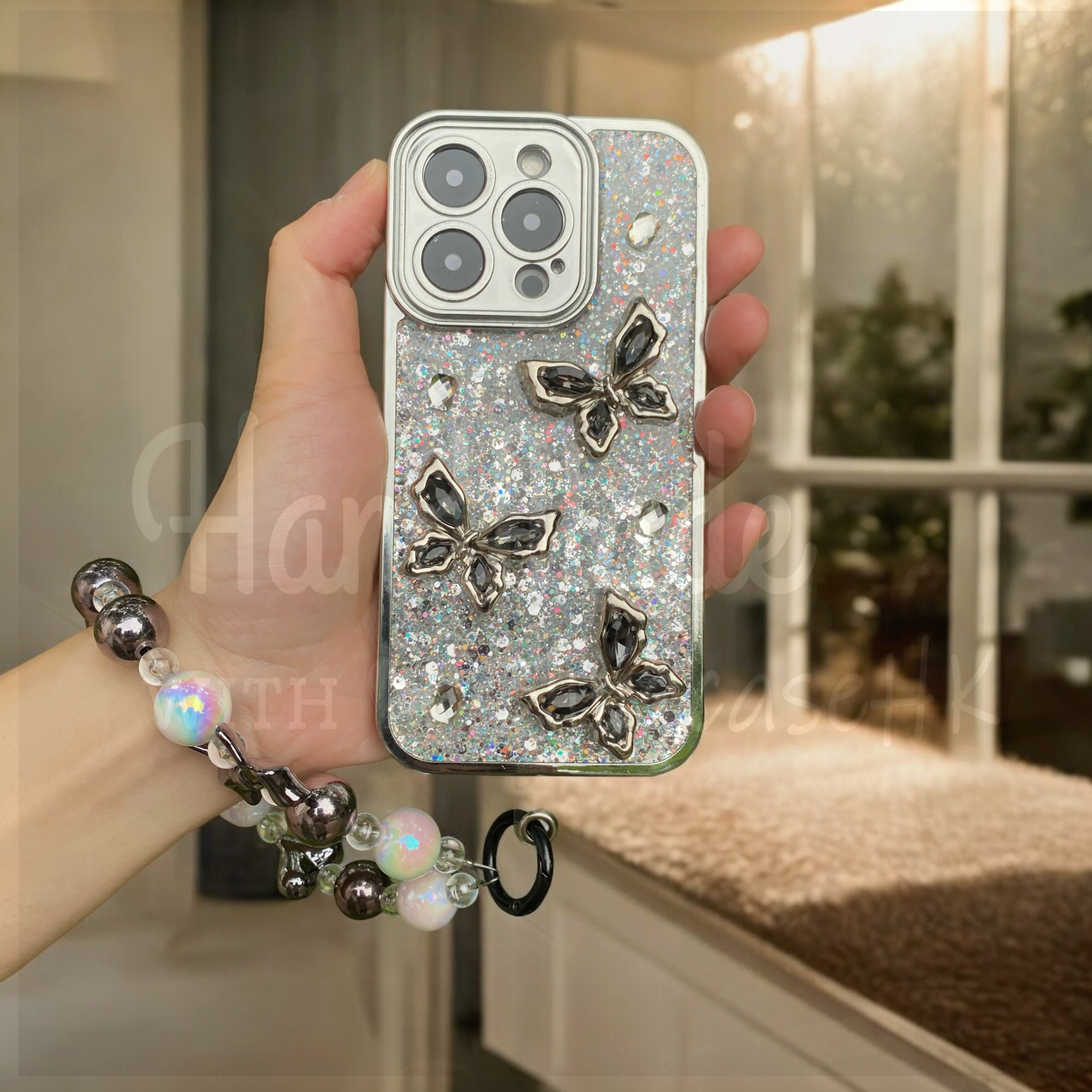 Handmade│ Crystal Cat Wristband Bracelet Lanyard iPhone Glue Phone Case 