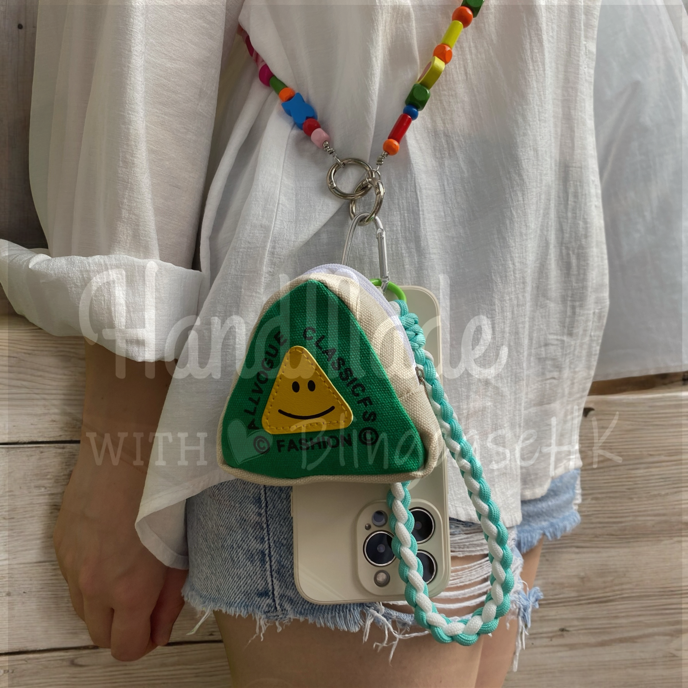 Handmade│ Oblique wood bead strap braided lanyard Hahaha coin purse iPhone / Samsung mobile phone case 