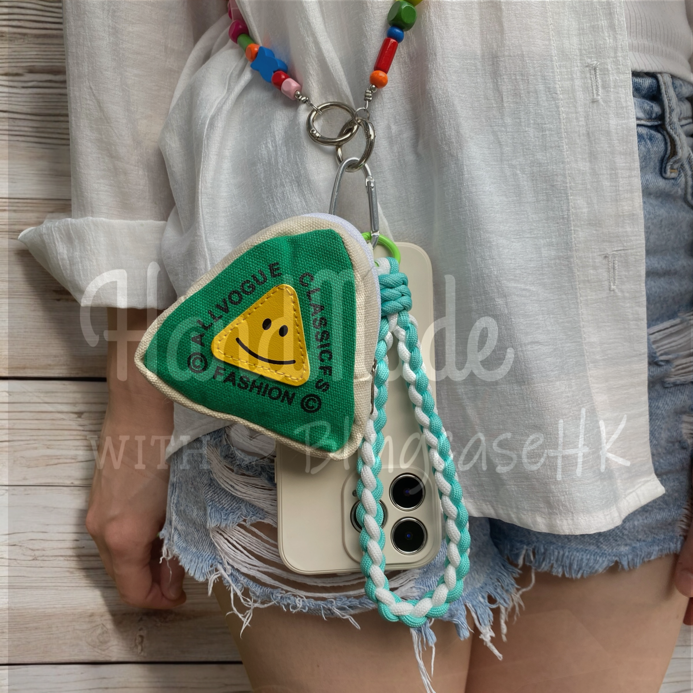 Handmade│ Oblique wood bead strap braided lanyard Hahaha coin purse iPhone / Samsung mobile phone case 