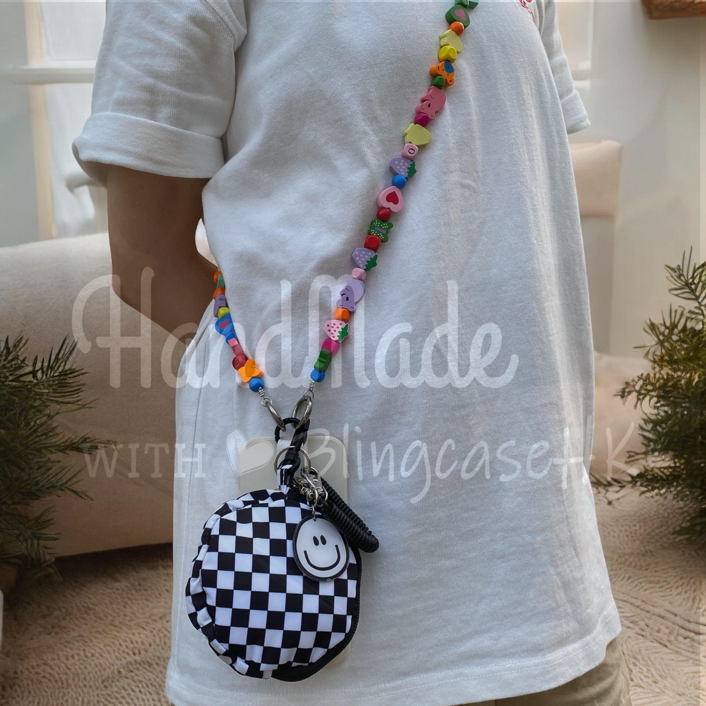 Handmade│ Oblique wood bead strap braided lanyard Hahaha coin purse iPhone / Samsung mobile phone case 